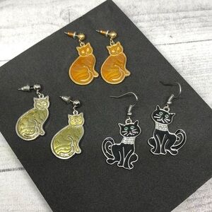 Bundle lot 3 pairs kitty cat dangle drop enamel earrings cat lovers, whimsy.